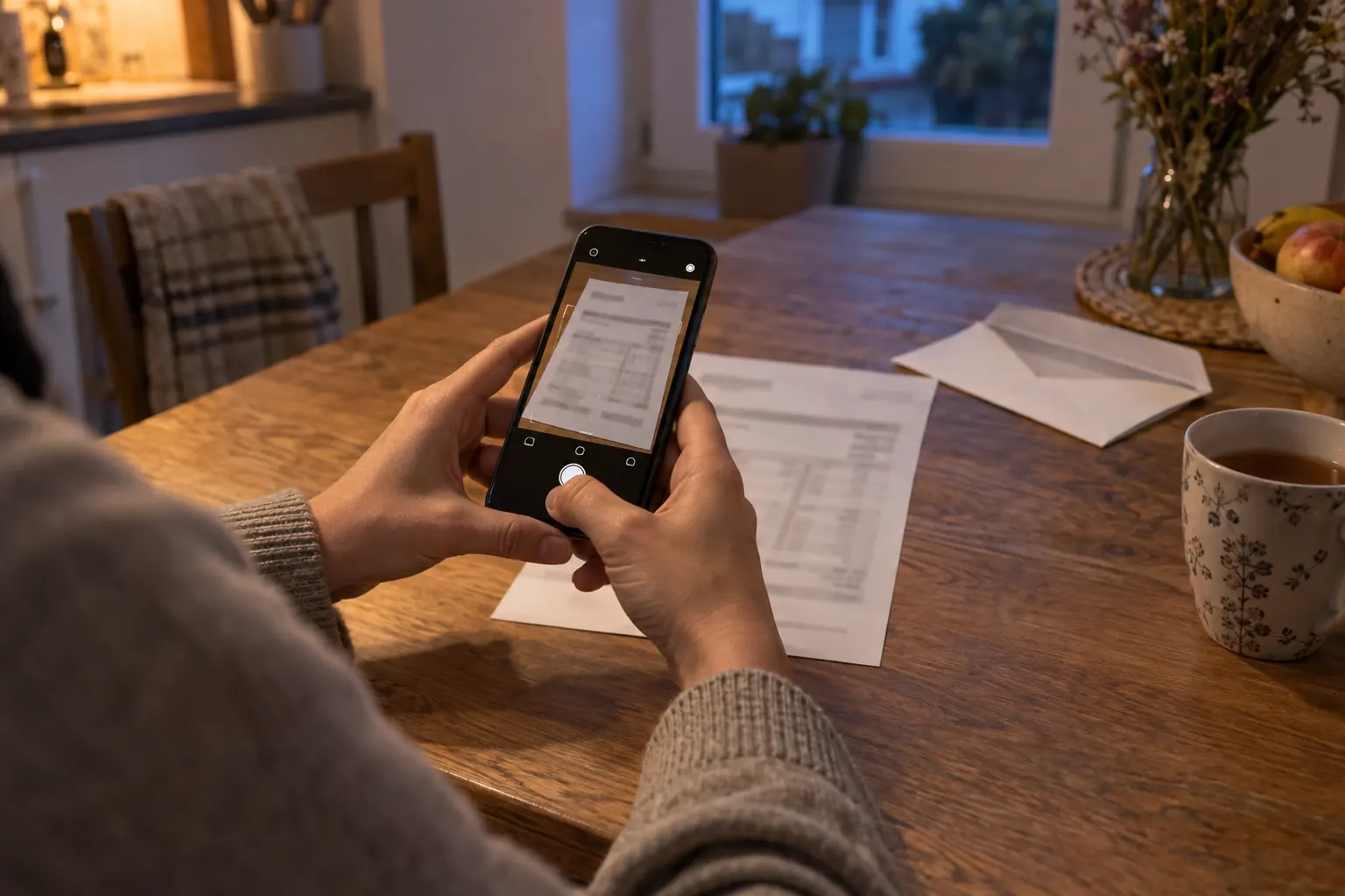 Illustrative Szene: eine Person fotografiert am Küchentisch eine Lohnabrechnung mit dem Smartphone.
