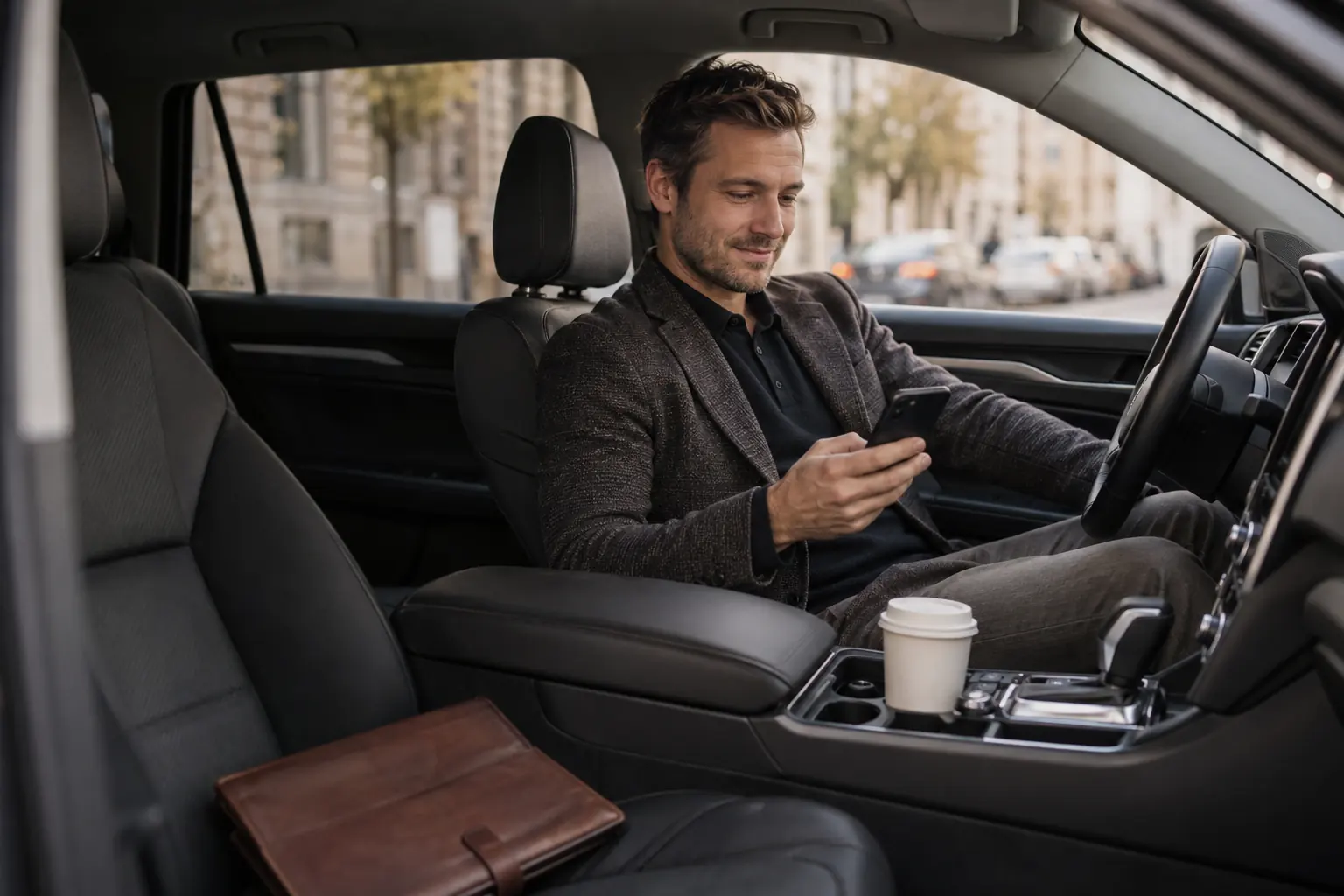 Illustrative Szene: ein Berater sitzt im geparkten Auto und sieht entspannt auf sein Smartphone.