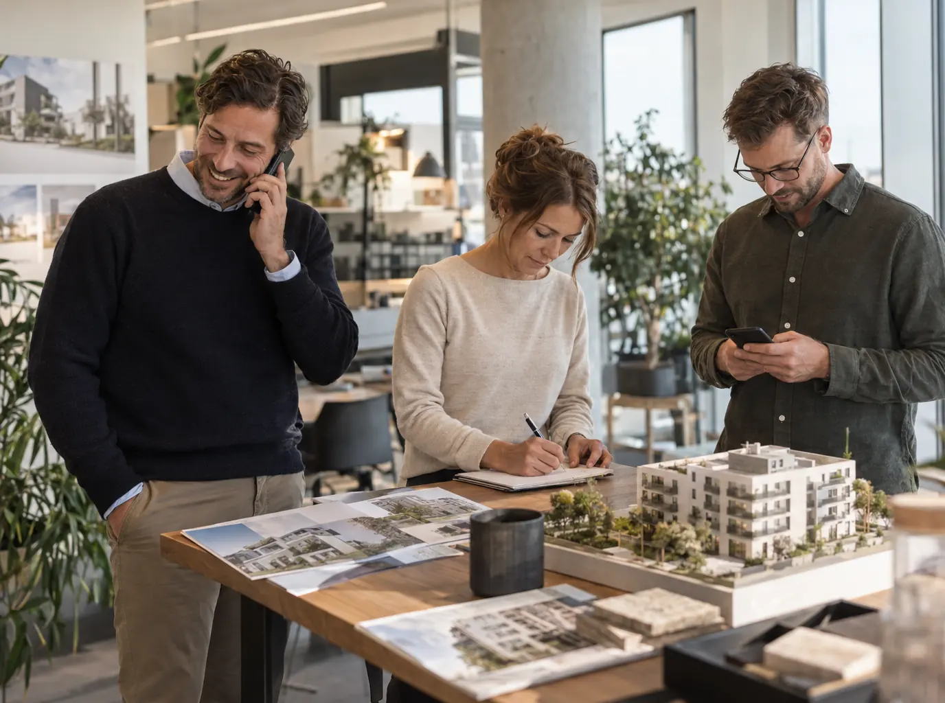 Illustrative Szene: drei Kolleginnen und Kollegen eines Immobilienvertriebs an einem Tisch mit Exposés und einem Gebäudemodell.